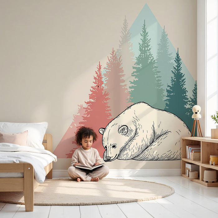 Kids room wallpaper | Sleeping bear and stylized forest in the background