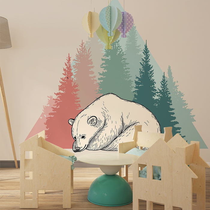 Kids room wallpaper | Sleeping bear and stylized forest in the background