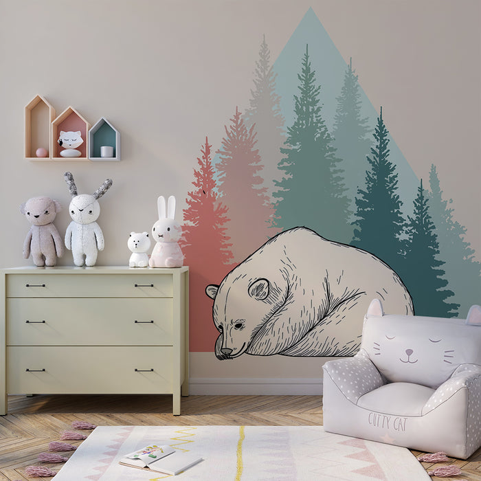 Kids room wallpaper | Sleeping bear and stylized forest in the background