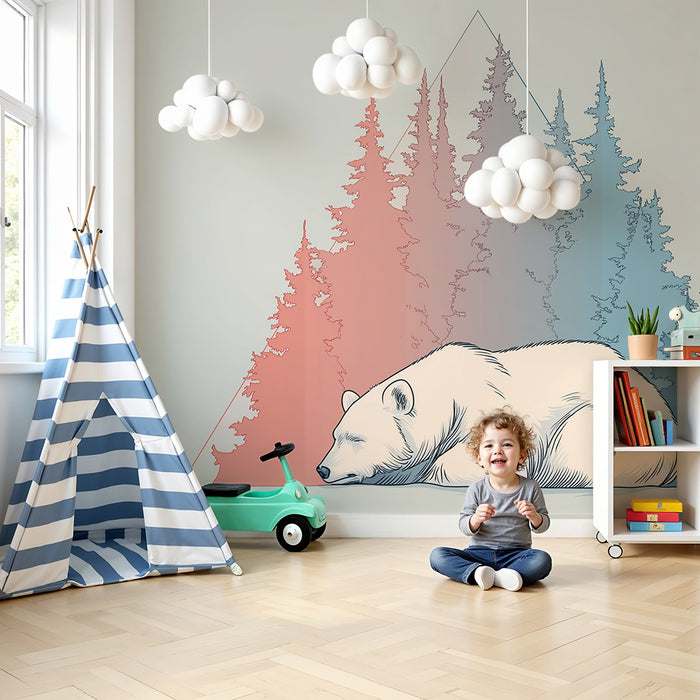 Kids room wallpaper | Sleeping bear and stylized forest in gradient