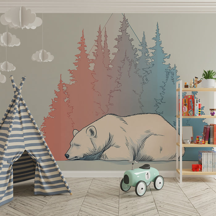 Kids room wallpaper | Sleeping bear and stylized forest in gradient