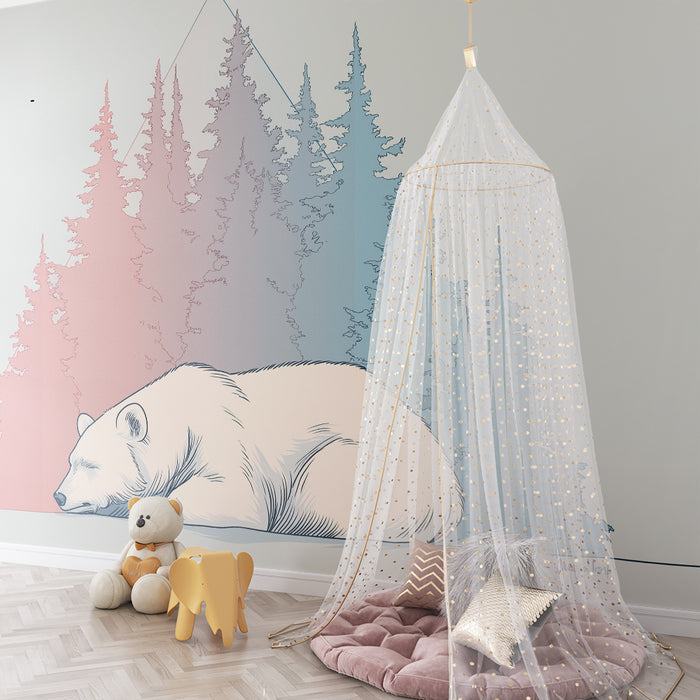 Kids room wallpaper | Sleeping bear and stylized forest in gradient