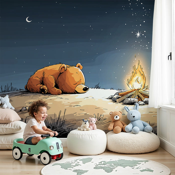Papier peint chambre enfant | Ours endormi près d'un feu de camp sous les étoiles