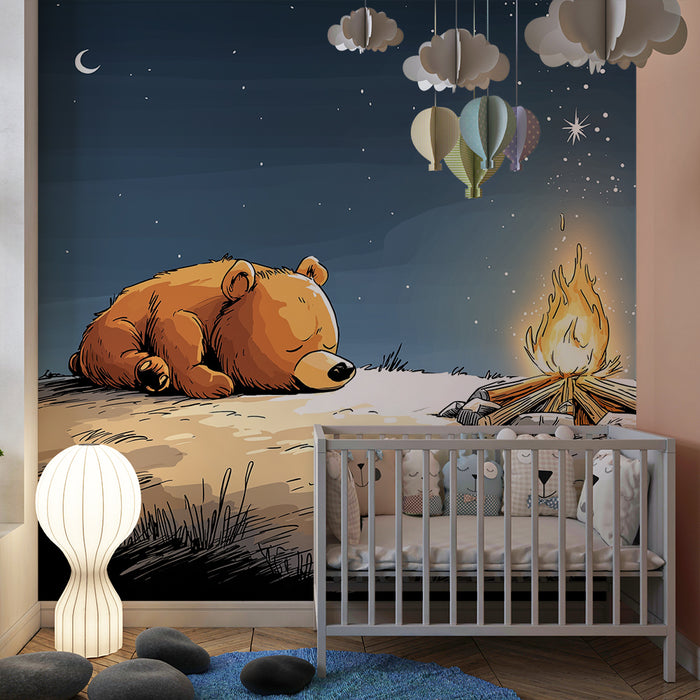 Papier peint chambre enfant | Ours endormi près d'un feu de camp sous les étoiles