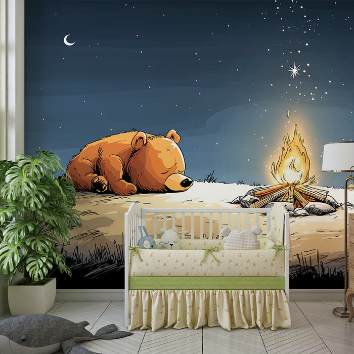 Papier peint chambre enfant | Ours endormi près d'un feu de camp sous les étoiles