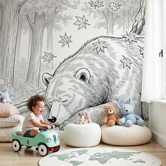 Slaapkamer behang kinderkamer | Slapende beer onder een boom met vallende bladeren