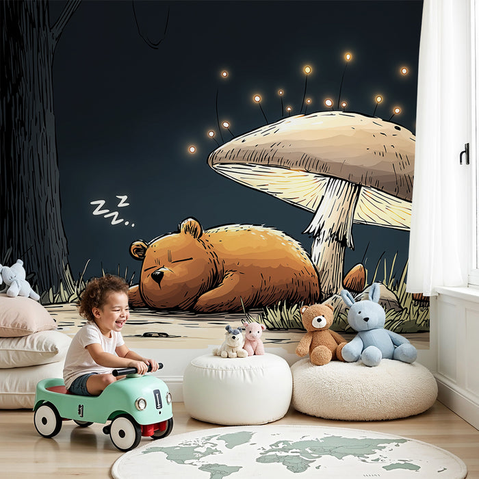 Papier peint chambre enfant | Ours endormi sous un champignon lumineux dans la forêt