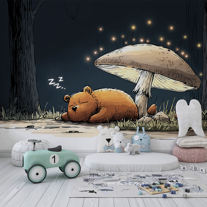 Papier peint chambre enfant | Ours endormi sous un champignon lumineux dans la forêt