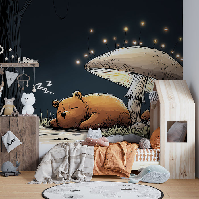 Papier peint chambre enfant | Ours endormi sous un champignon lumineux dans la forêt
