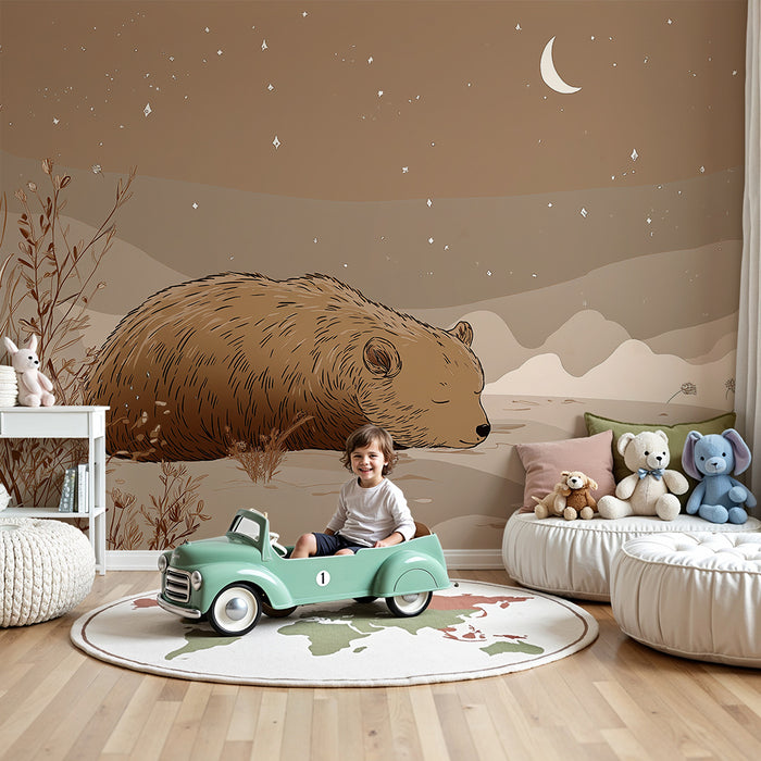 Papier peint chambre enfant | Ours endormi sous un ciel étoilé