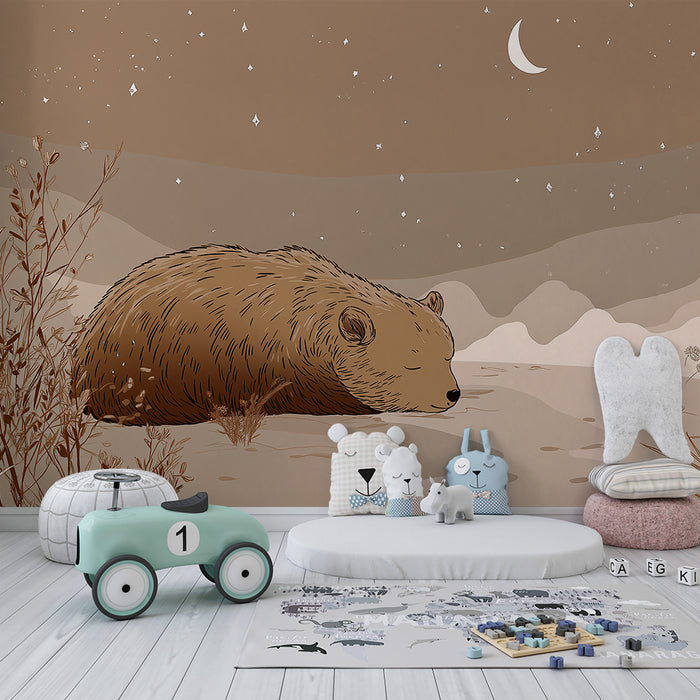 Papier peint chambre enfant | Ours endormi sous un ciel étoilé