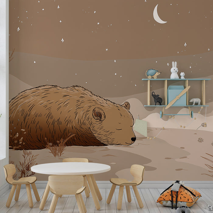 Papier peint chambre enfant | Ours endormi sous un ciel étoilé