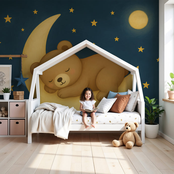 Papel pintado infantil | Oso durmiendo en la luna