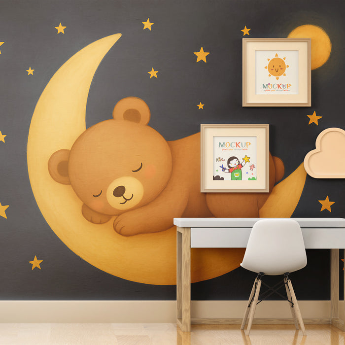Papel pintado infantil | Oso durmiendo en la luna