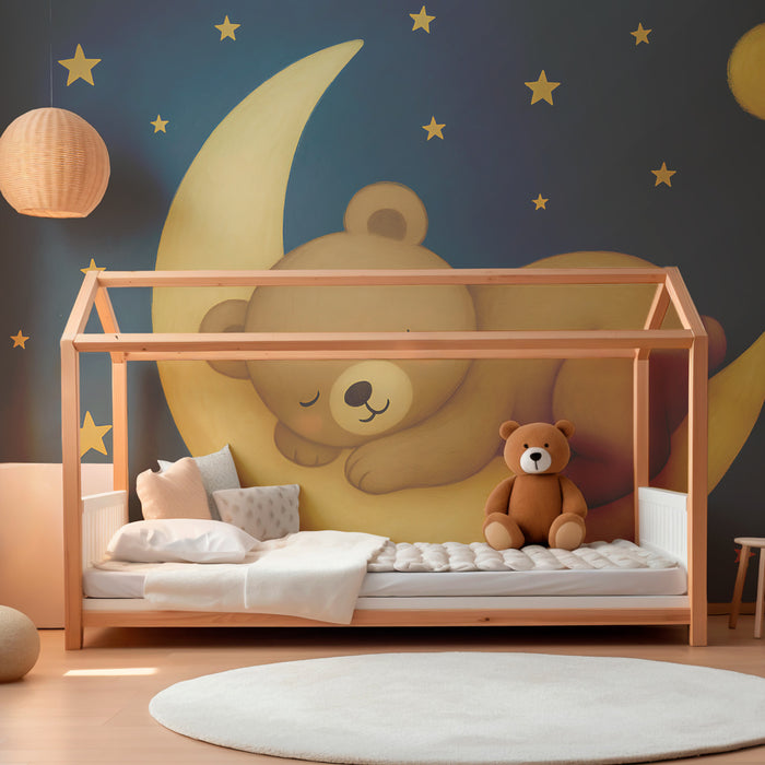 Papel pintado infantil | Oso durmiendo en la luna