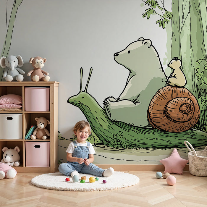 Papier peint chambre enfant | Ours, escargot et petit animal dans une forêt enchantée