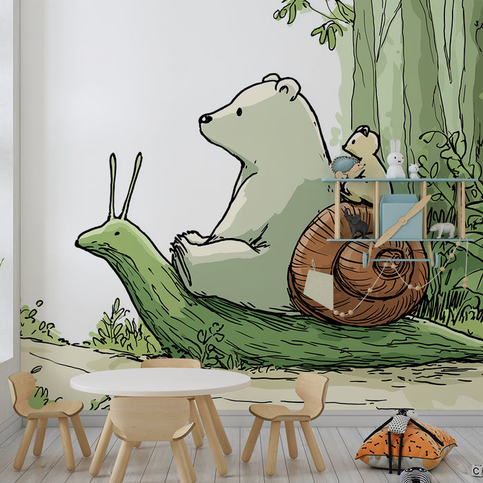 Papier peint chambre enfant | Ours, escargot et petit animal dans une forêt enchantée
