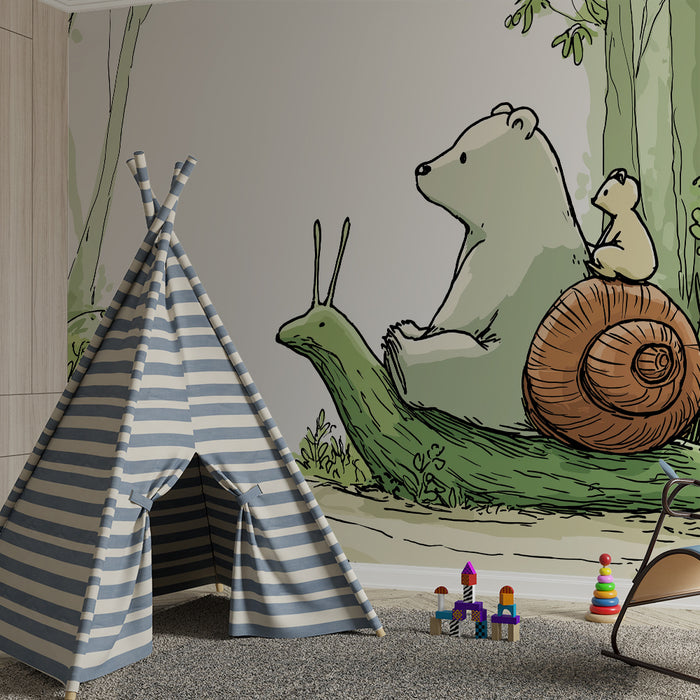 Papier peint chambre enfant | Ours, escargot et petit animal dans une forêt enchantée