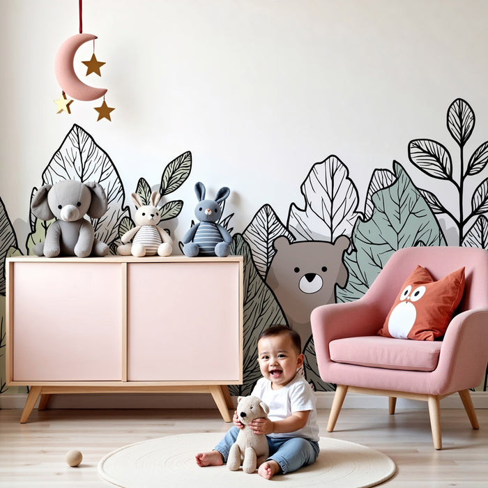 Papier peint chambre enfant | Ours espiègle et feuillage coloré