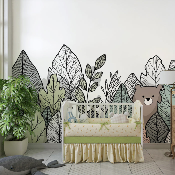 Papier peint chambre enfant | Ours espiègle et feuillage coloré
