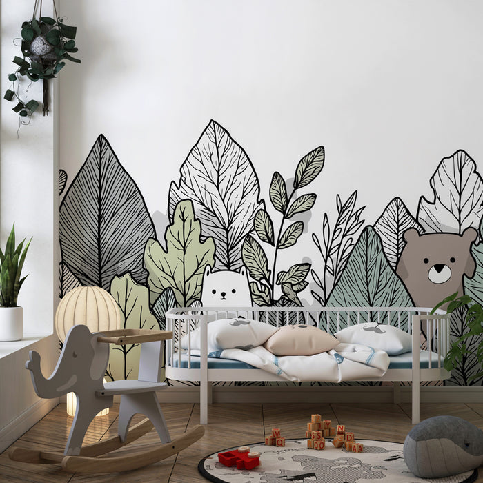 Papier peint chambre enfant | Ours espiègle et feuillage coloré