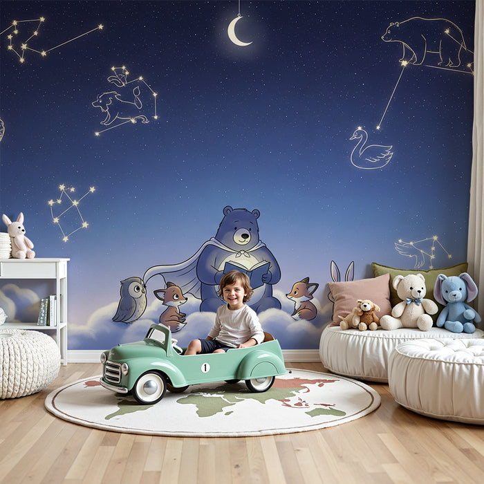 Carta da parati bambini | Orsi e amici sotto un cielo stellato con costellazioni
