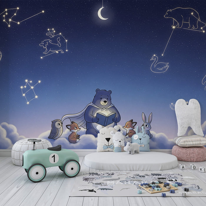 Carta da parati bambini | Orsi e amici sotto un cielo stellato con costellazioni