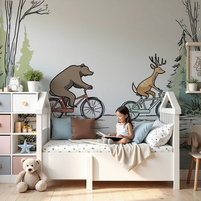 Papel pintado infantil | Oso y ciervo en bicicleta en el bosque