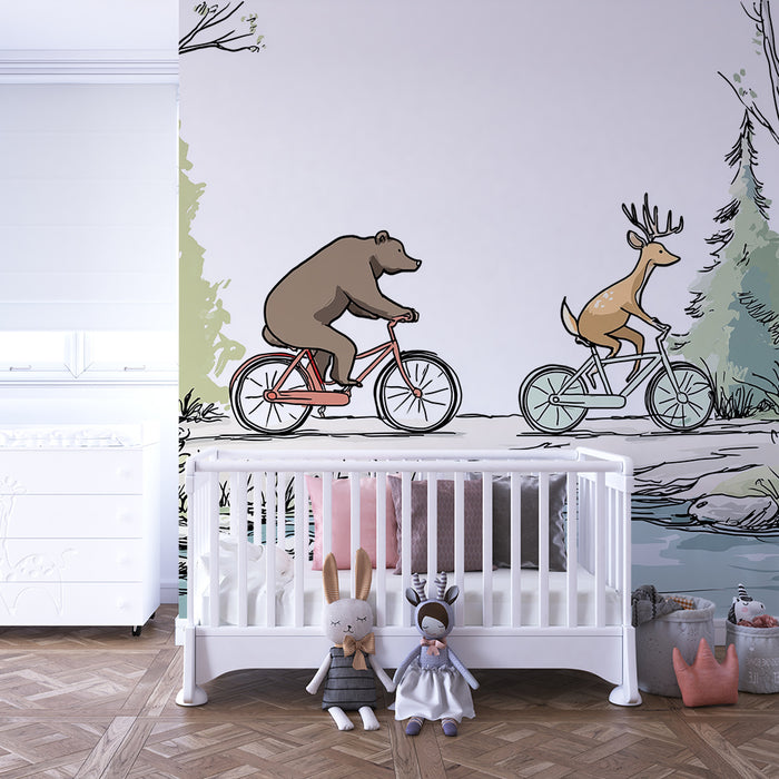 Papel pintado infantil | Oso y ciervo en bicicleta en el bosque