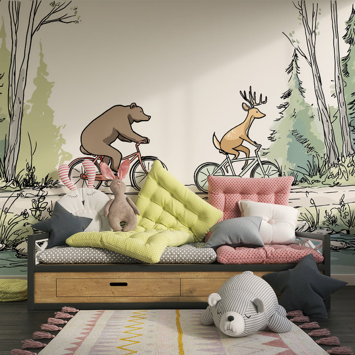 Papel pintado infantil | Oso y ciervo en bicicleta en el bosque