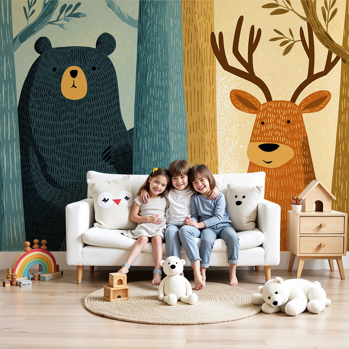 Kids room wallpaper | Bear and deer in a colorful forest