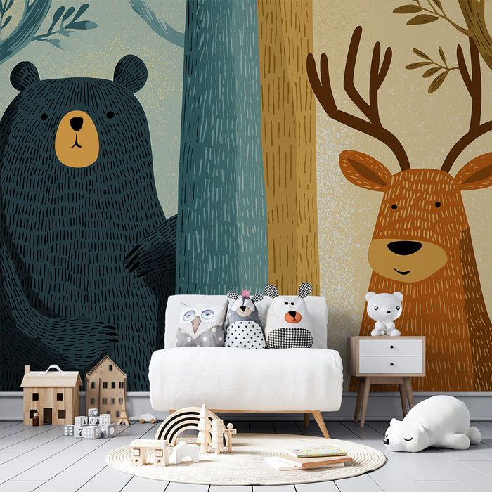 Kids room wallpaper | Bear and deer in a colorful forest