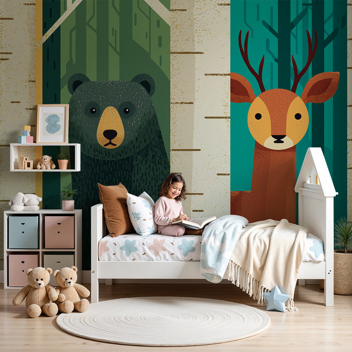 Papier peint chambre enfant | Ours et cerf dans une forêt stylisée