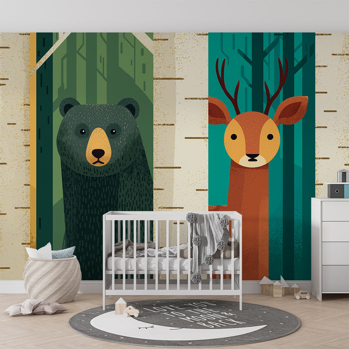 Papier peint chambre enfant | Ours et cerf dans une forêt stylisée