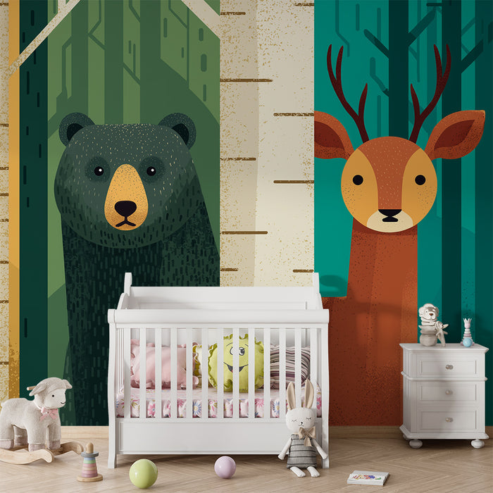Papier peint chambre enfant | Ours et cerf dans une forêt stylisée