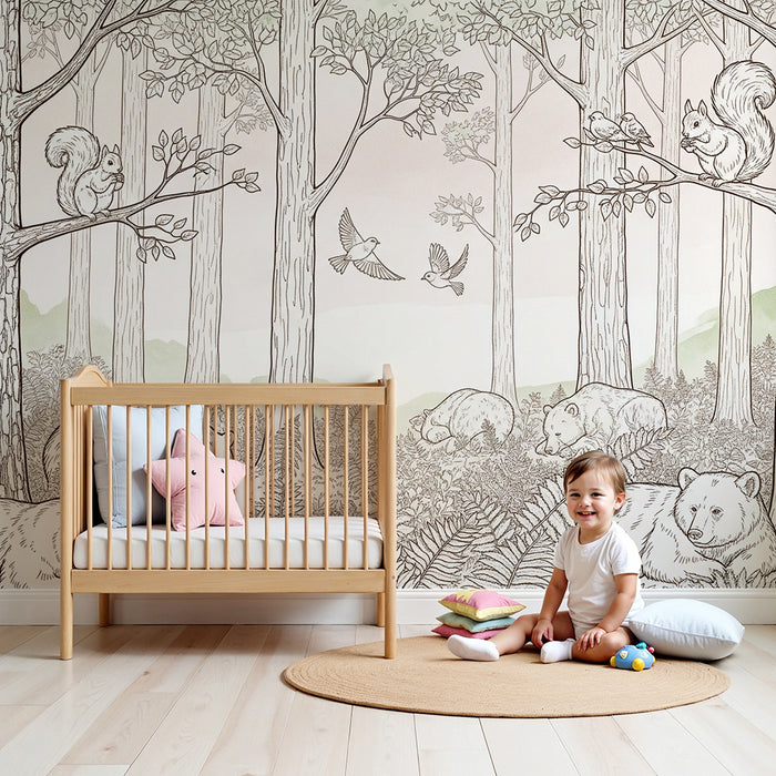Papel de parede para quarto de criança | Ursos e esquilos numa floresta tranquila