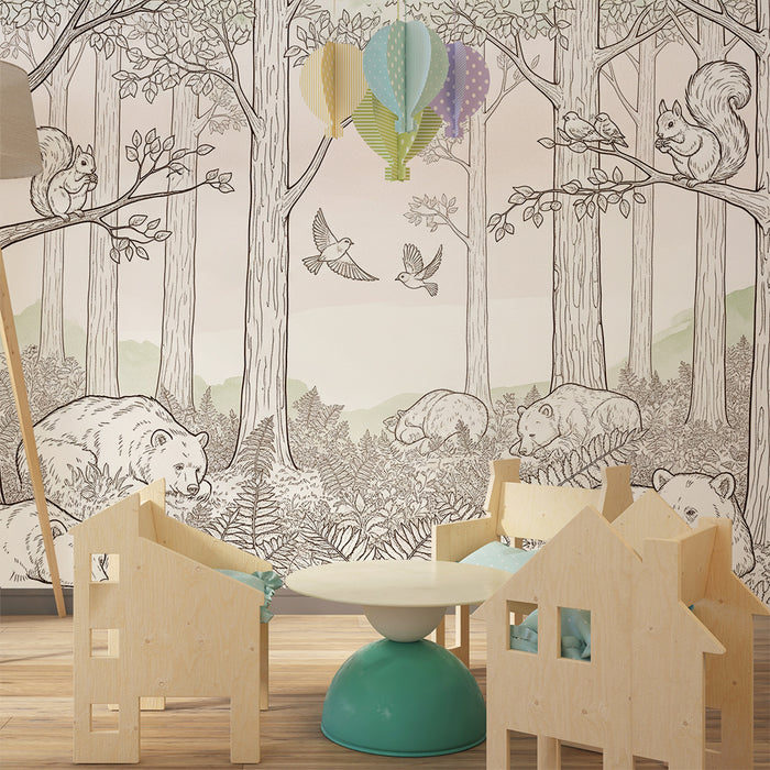 Papel de parede para quarto de criança | Ursos e esquilos numa floresta tranquila