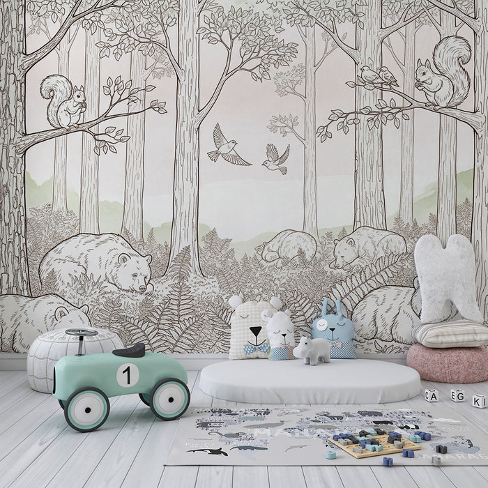 Papel de parede para quarto de criança | Ursos e esquilos numa floresta tranquila