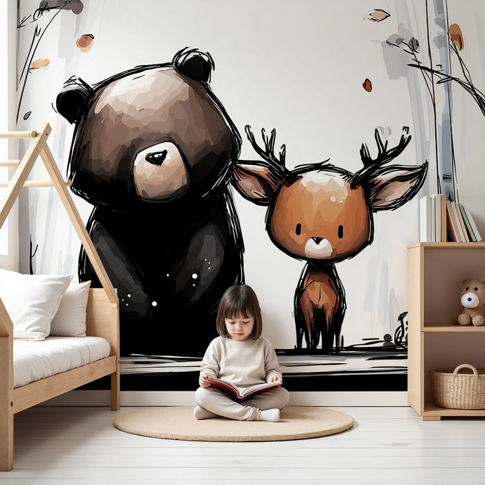 Papier peint chambre enfant | Ours et faon au dessin moderne