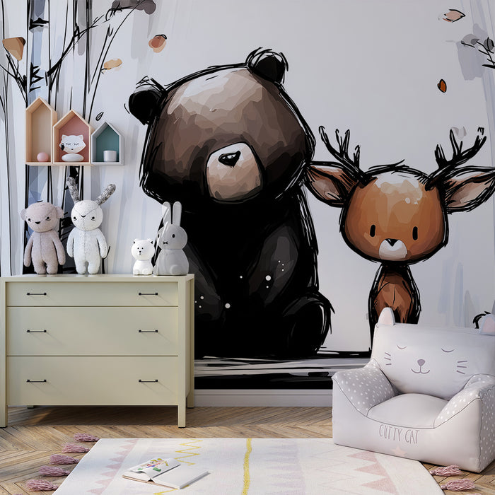 Papier peint chambre enfant | Ours et faon au dessin moderne