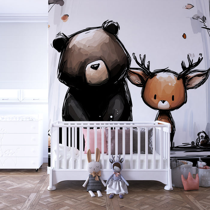 Papier peint chambre enfant | Ours et faon au dessin moderne