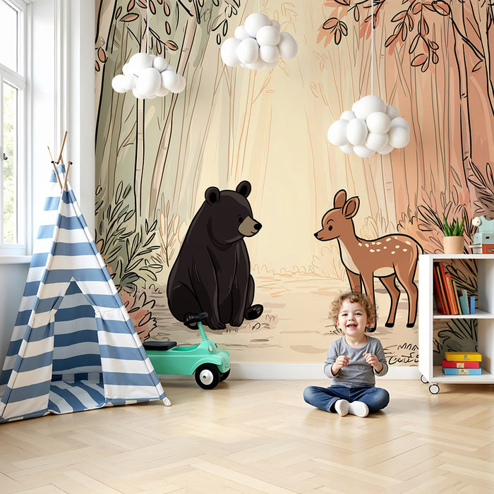 Papier peint chambre enfant | Ours et faon dans une forêt enchantée