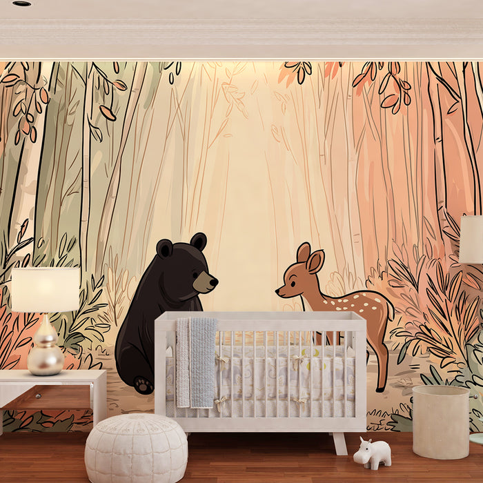 Papier peint chambre enfant | Ours et faon dans une forêt enchantée