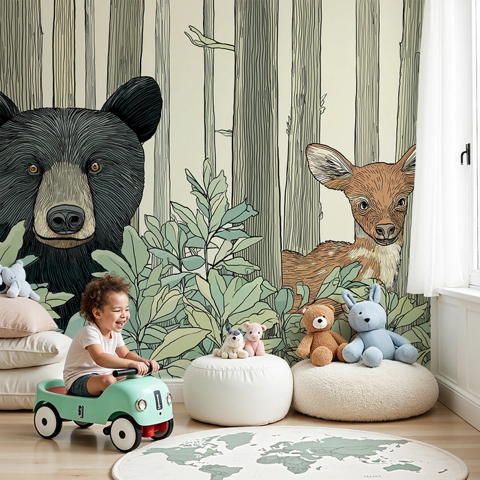 Papier peint chambre enfant | Ours et faon dans une forêt enchantée
