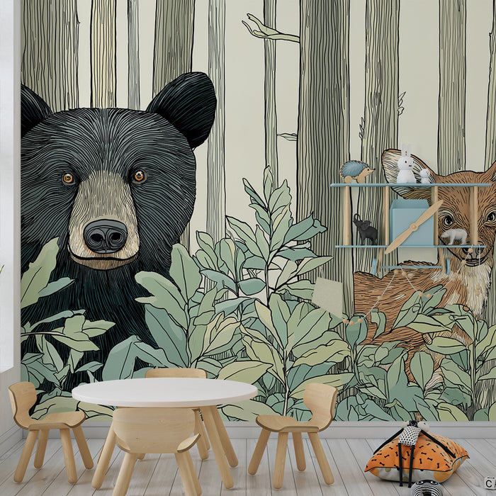 Papier peint chambre enfant | Ours et faon dans une forêt enchantée