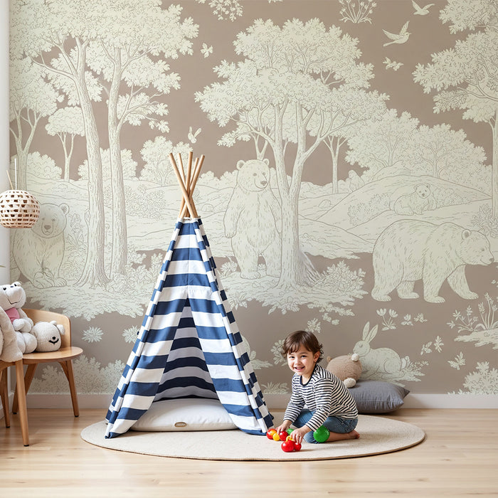 Papel de parede para quarto infantil | Ursos e fauna florestal numa paisagem natural