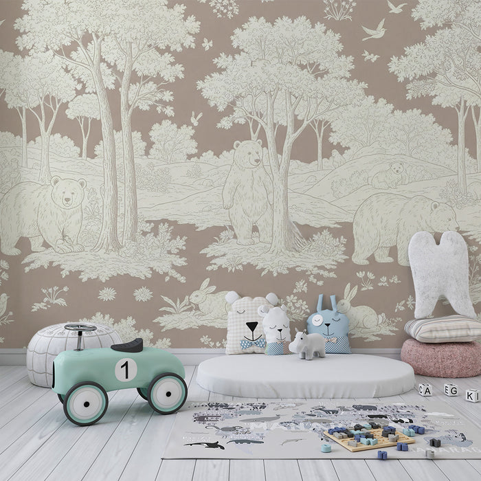 Papel de parede para quarto infantil | Ursos e fauna florestal numa paisagem natural