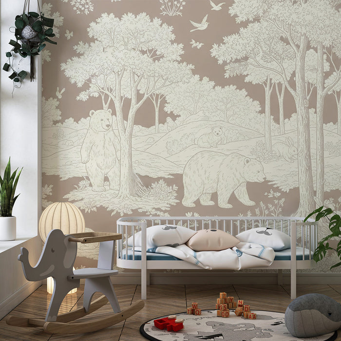 Papel de parede para quarto infantil | Ursos e fauna florestal numa paisagem natural
