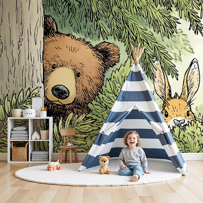 Carta da parati bambini | Orsi e conigli nascosti nella foresta