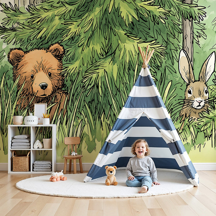 Kinderkamer behang | Beer en konijn verstopt in het groene bos